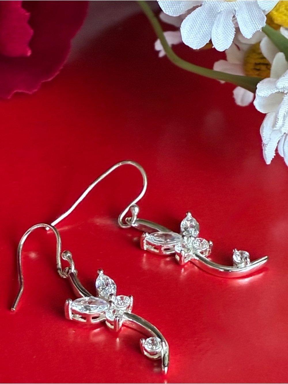925 Silver Earrings,Silver Floral Cubic Zirconia Drop Earrings - White
